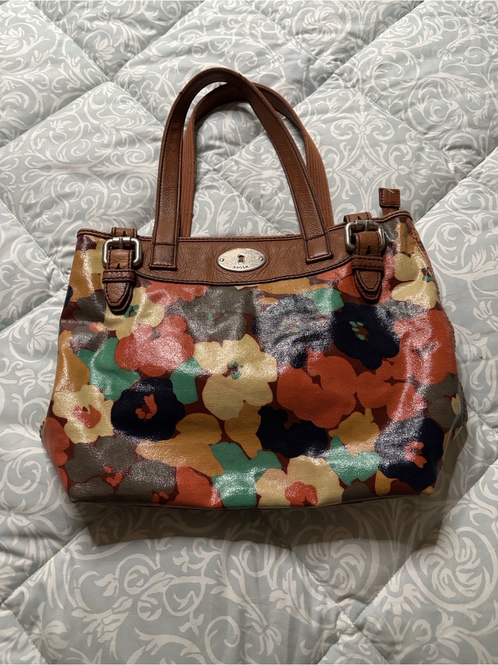 Fossil Multicolor Floral Patent Tote with Chestnut Trim